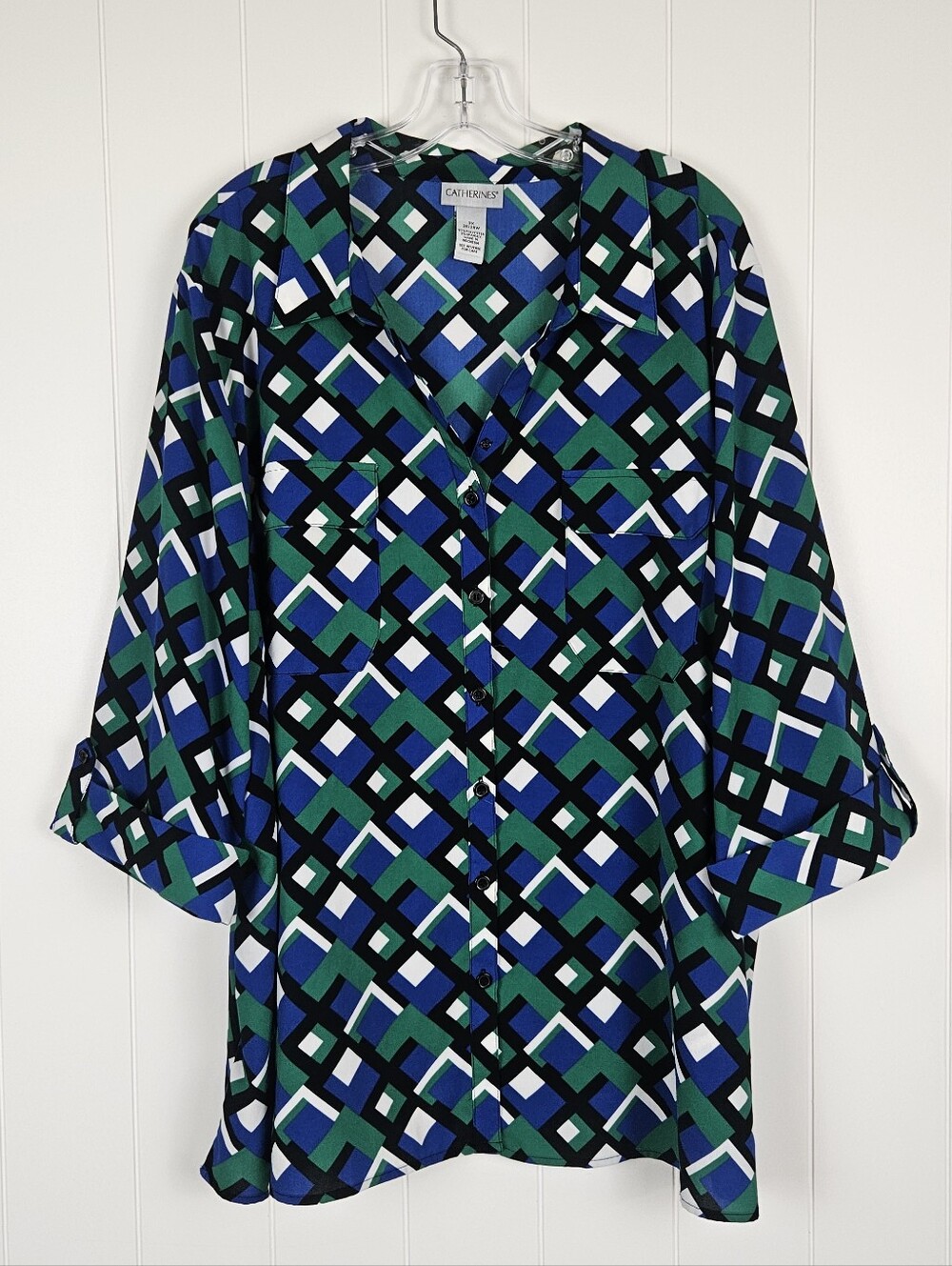 Catherines Blouse Green Blue Geometric Button Front Womens 3x Stretch 3/4 Sleeve
